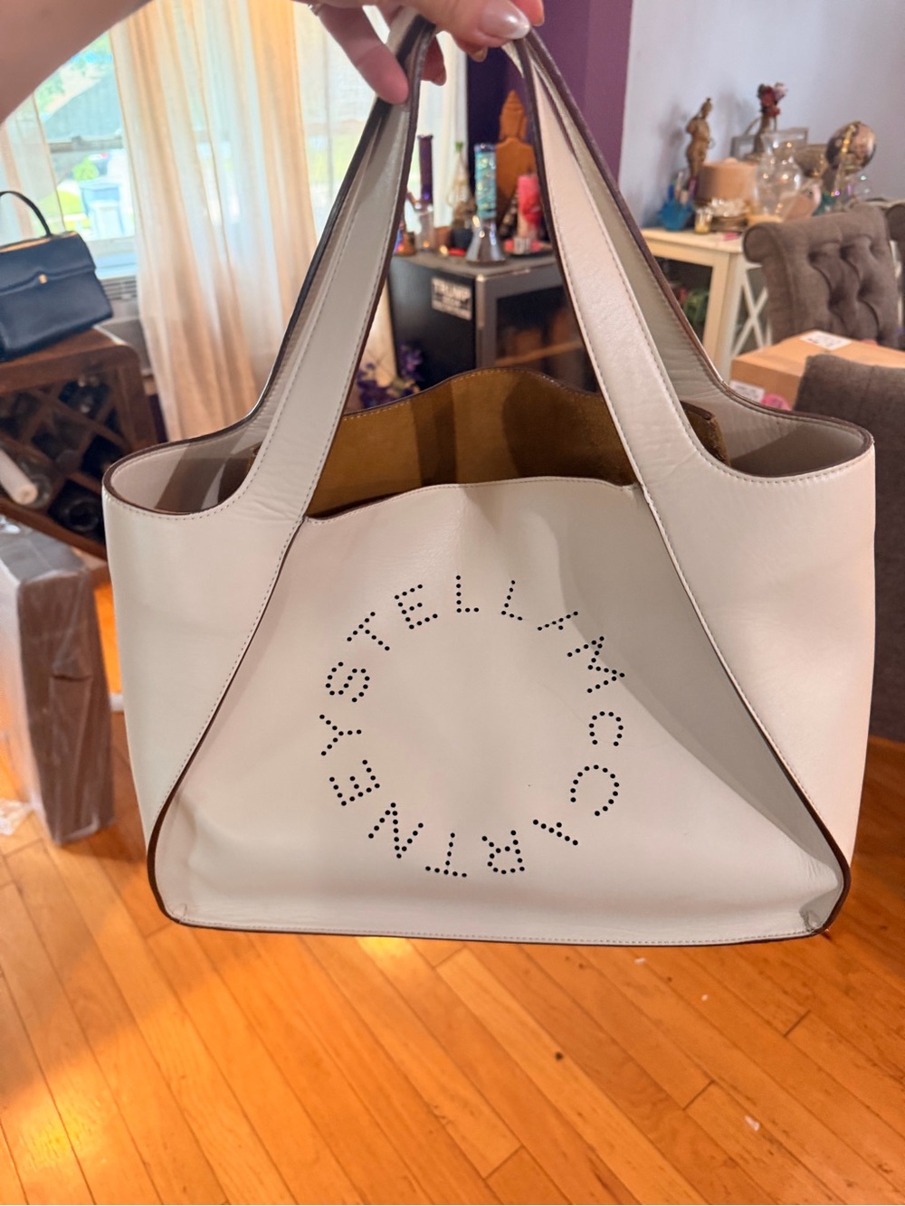 Stella McCartney White Perforated Logo Tote with Brown Trim